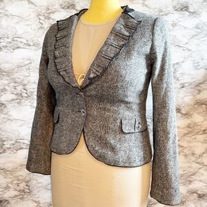 White House Black Market Gray Tweed Blazer with Black Edge Detail and Ruffles